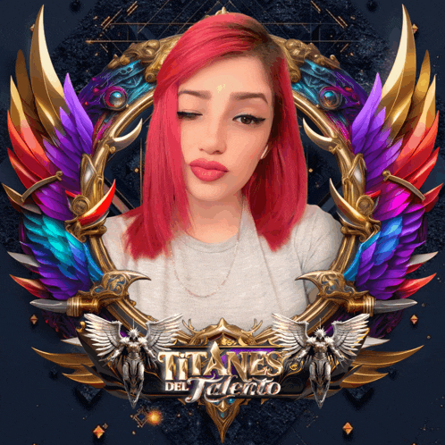 a woman with red hair is surrounded by wings and the word titanes del talento