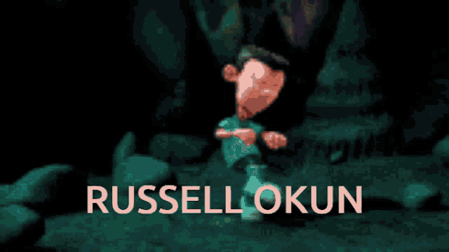 a cartoon character named russell okun is running in the woods