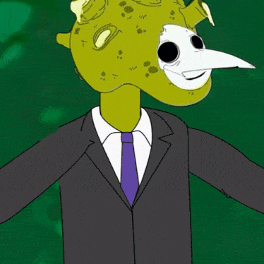 a cartoon character is wearing a suit and tie and has a mask on his face