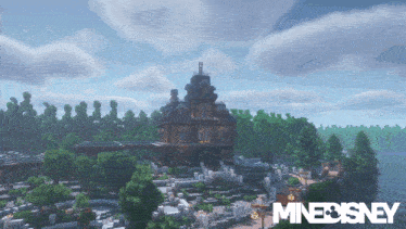 a screenshot of a video game called mine disney shows a large building in the middle of a forest