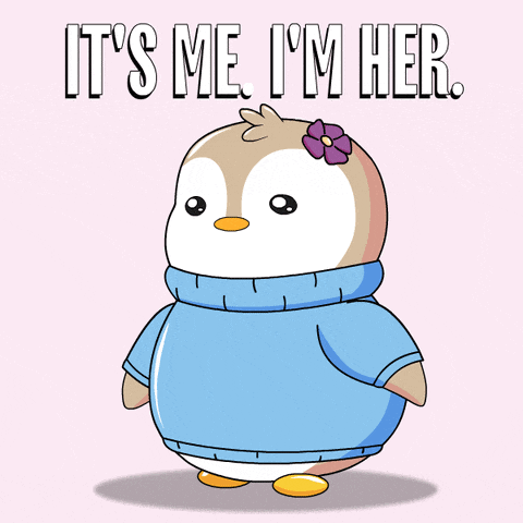a penguin wearing a blue sweater with the words it 's me i 'm her below it