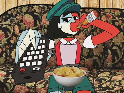 a cartoon character sitting on a couch drinking a bottle of corona