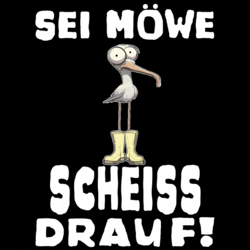a cartoon seagull is standing on a black background with the words sei mowe scheiss drauf in white letters