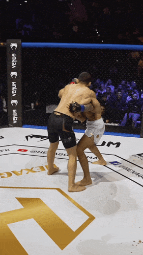 two men are fighting in a cage with a sign that says venum