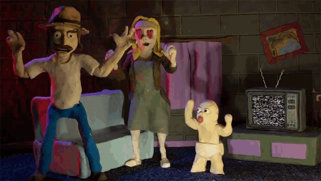 a cartoon of a man a woman and a baby standing in front of a tv with a static screen
