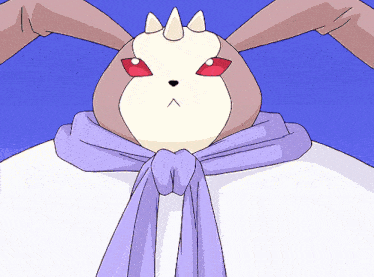 a cartoon rabbit wearing a purple scarf and red eyes