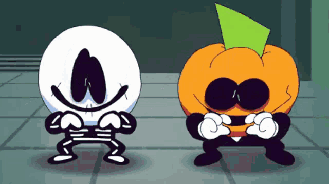 a cartoon of a skeleton and a pumpkin are dancing together