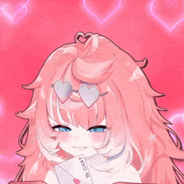 a girl with pink hair is holding a card that says to chat
