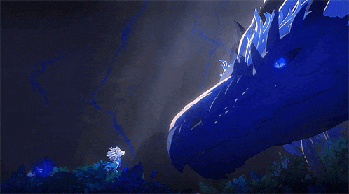 a cartoon drawing of a person standing next to a blue dragon