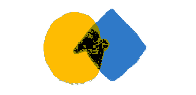a drawing of a yellow circle and a blue square with a sad face