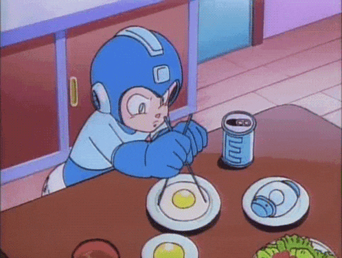 a cartoon character sitting at a table with plates of food and a can of soda .
