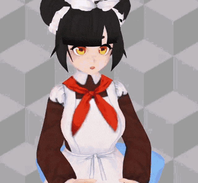 a girl in a maid costume is sitting on a blue chair .