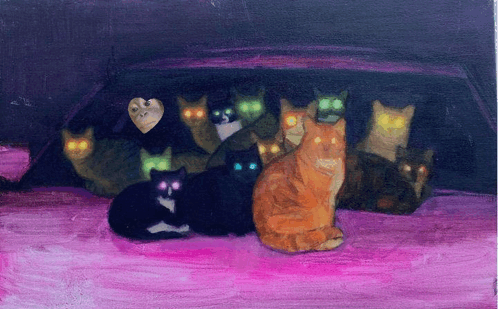 a painting of many cats with glowing eyes