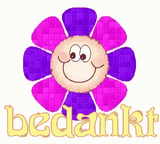 a purple flower with a smiling face and the word bedankt