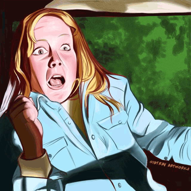 a painting of a woman with a surprised look on her face has the name oldtran artworks on the bottom right