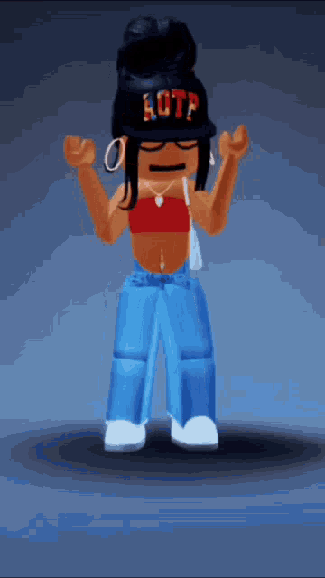 a girl in a red top and blue jeans is wearing a hat that says aotp
