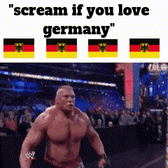 a man is running in front of a crowd with the words " scream if you love germany "