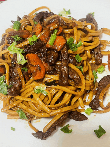 a plate of noodles with meat and vegetables on a table