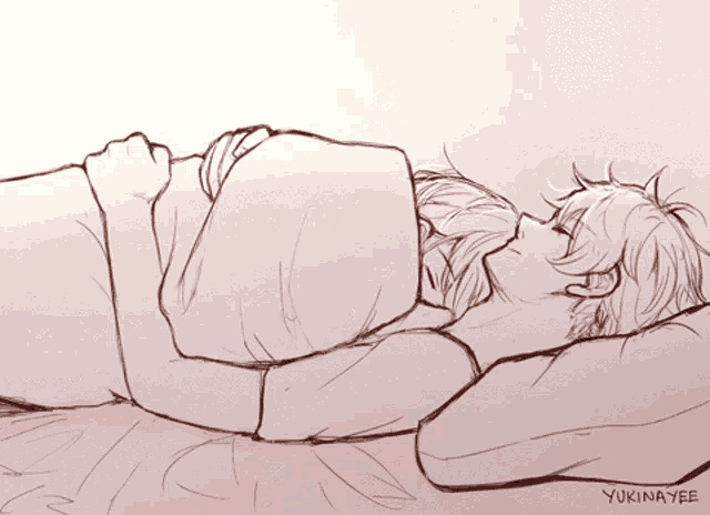 a drawing of a man and woman sleeping with the name yukinayee on the bottom right