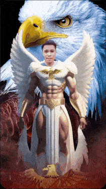 a man in a superhero costume poses in front of an eagle
