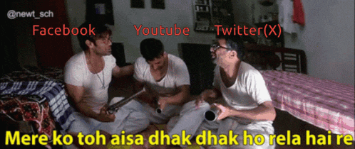 three men are sitting on a bed talking to each other with the words facebook youtube and twitter written above them