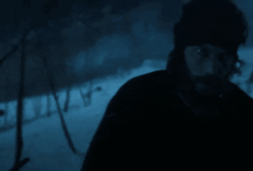 a man with a beard is standing in a dark room in the snow .