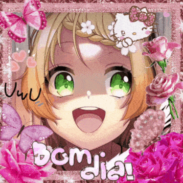 a girl with green eyes is surrounded by pink flowers and butterflies and the words bom dia