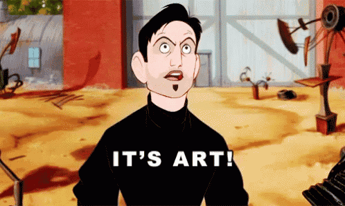 a cartoon character says it 's art in front of a red wall