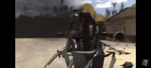 a man is riding a motorcycle in a video game while holding a gun .