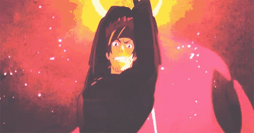a man in a black shirt is holding a sword in his hand in front of a pink background .
