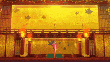 a man in a red suit is standing in front of a large goldfish tank