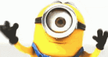 a yellow minion with one eye and black gloves is waving his hands .