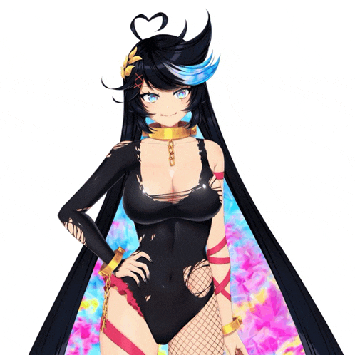 a girl in a black bodysuit with a heart on her head