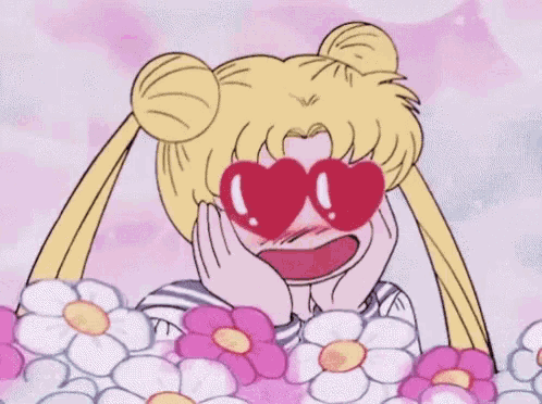 a cartoon of a girl wearing heart shaped sunglasses surrounded by flowers .