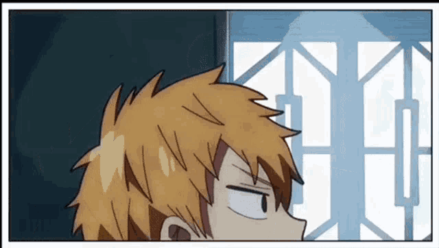 a cartoon of a boy looking out a window with his eyes closed .