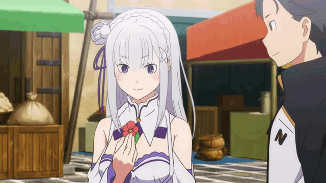 a girl with white hair and purple eyes is holding a red flower in her hand