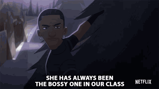 a cartoon of a man with the words she has always been the bossy one in our class on the bottom