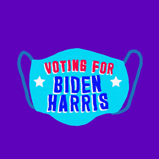 a blue mask that says voting for biden harris on it