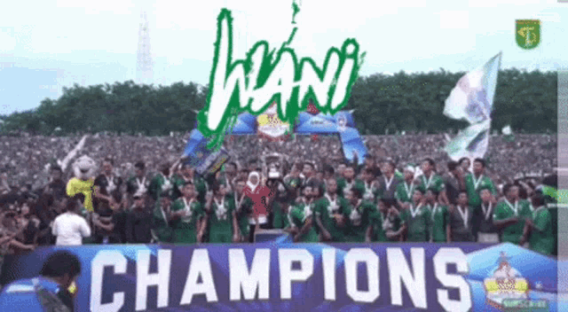 the word champions that is on a blue sign