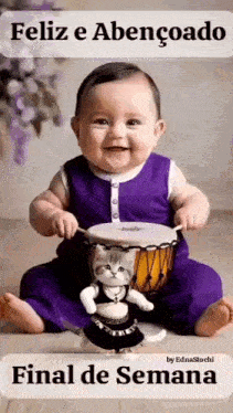 a baby is sitting on the floor holding a drum with a stuffed cat on it .