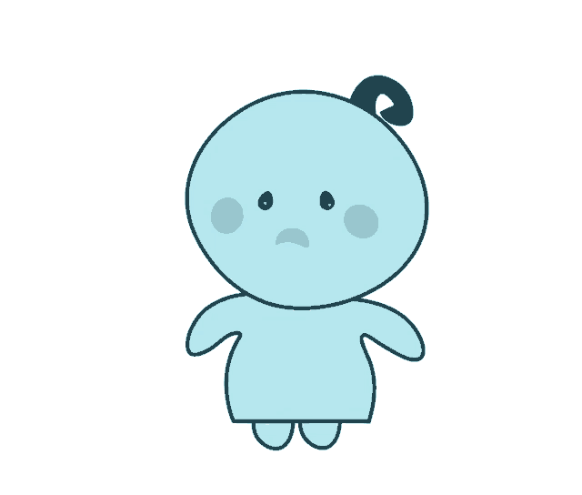 a blue cartoon character with a sad face