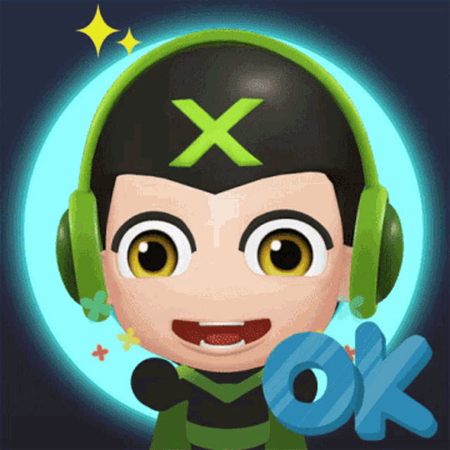 a cartoon character wearing headphones with an x on his head