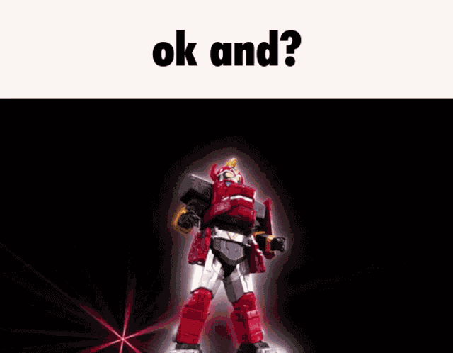 a red robot is standing in front of a black background with the words ok and ?