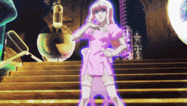 a woman in a pink dress is standing on stairs