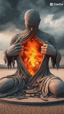 a statue of a man with a fire coming out of his chest and the words capcut on the bottom
