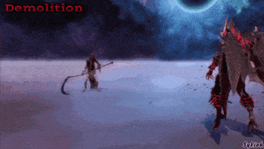 a video game character with a scythe and the word demolition on the bottom