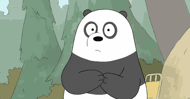 a cartoon panda bear is standing with his arms crossed in front of trees