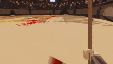 a video game shows a man with a sword in a arena with red and white flags
