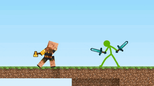 a green stick figure is holding a diamond sword while another stick figure is holding a sword