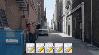 a man is standing in an alleyway next to a dumpster with a bunch of papers on the ground